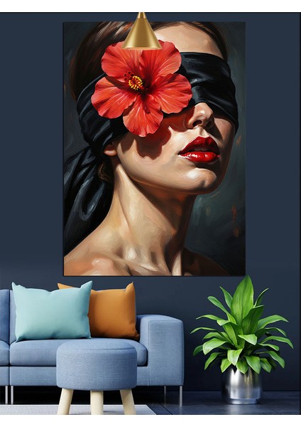 Tek Kırmızı Çiçek Göz Maskesli Kadın Dekoratif Kanvas - Mdf Ahşap Tablo fiyatları