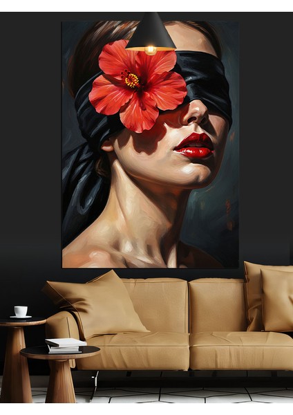 Tek Kırmızı Çiçek Göz Maskesli Kadın Dekoratif Kanvas - Mdf Ahşap Tablo modelleri