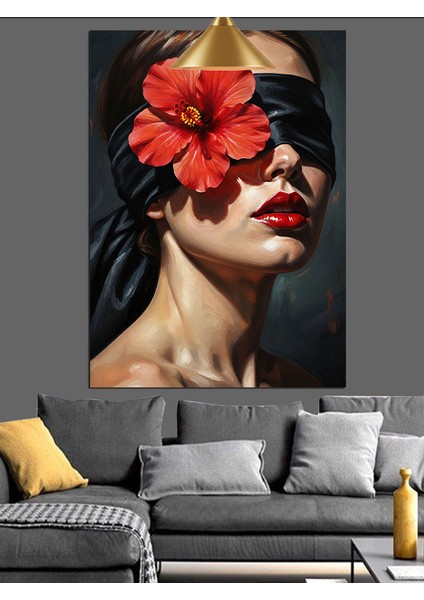 Tek Kırmızı Çiçek Göz Maskesli Kadın Dekoratif Kanvas - Mdf Ahşap Tablo fırsatları