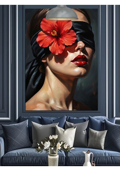 Tek Kırmızı Çiçek Göz Maskesli Kadın Dekoratif Kanvas - Mdf Ahşap Tablo indirimleri