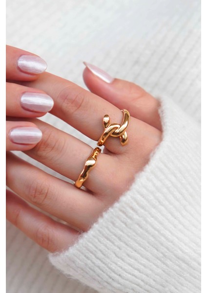 Altın Renk Zincir ve Dalgalı Form 2'li Kadın Yüzük Set