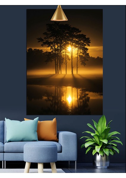 Altın Gün Batımı Ağaç Manzarası Dekoratif Kanvas - Mdf Ahşap Tablo