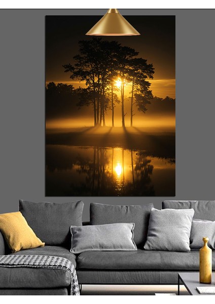 Altın Gün Batımı Ağaç Manzarası Dekoratif Kanvas - Mdf Ahşap Tablo modelleri