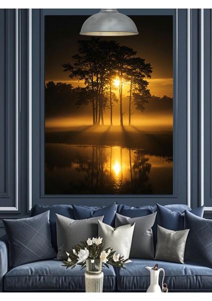 Altın Gün Batımı Ağaç Manzarası Dekoratif Kanvas - Mdf Ahşap Tablo fırsatları