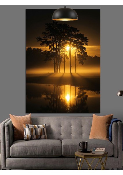 Altın Gün Batımı Ağaç Manzarası Dekoratif Kanvas - Mdf Ahşap Tablo indirimleri