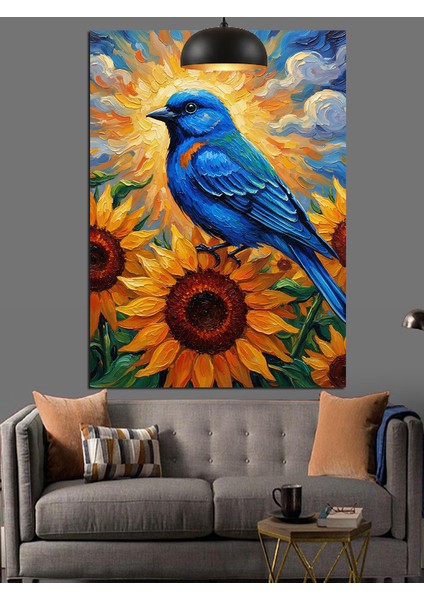 Ayçiçeği Üzerinde Mavi Kuş Dekoratif Kanvas - Mdf Ahşap Tablo fiyatları