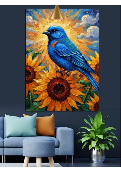 Ayçiçeği Üzerinde Mavi Kuş Dekoratif Kanvas - Mdf Ahşap Tablo modelleri