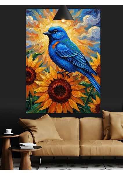 Ayçiçeği Üzerinde Mavi Kuş Dekoratif Kanvas - Mdf Ahşap Tablo fırsatları