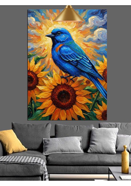 Ayçiçeği Üzerinde Mavi Kuş Dekoratif Kanvas - Mdf Ahşap Tablo indirimleri