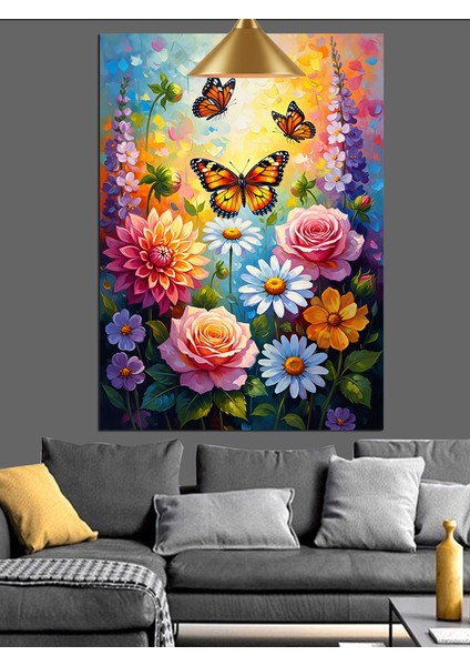 Renkli Çiçekler Uçuşan Kelebekler Dekoratif Kanvas - Mdf Ahşap Tablo
