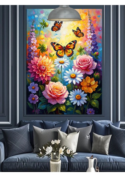 Renkli Çiçekler Uçuşan Kelebekler Dekoratif Kanvas - Mdf Ahşap Tablo fiyatları