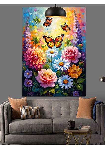 Renkli Çiçekler Uçuşan Kelebekler Dekoratif Kanvas - Mdf Ahşap Tablo modelleri