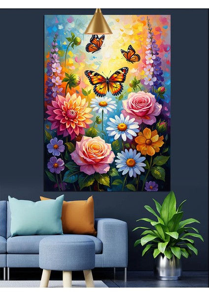 Renkli Çiçekler Uçuşan Kelebekler Dekoratif Kanvas - Mdf Ahşap Tablo fırsatları