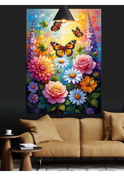 Renkli Çiçekler Uçuşan Kelebekler Dekoratif Kanvas - Mdf Ahşap Tablo indirimleri