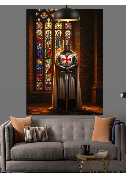 Gotik Kilise Pencereleri ve Haçlı Şövalye Dekoratif Kanvas - Mdf Ahşap Tablo
