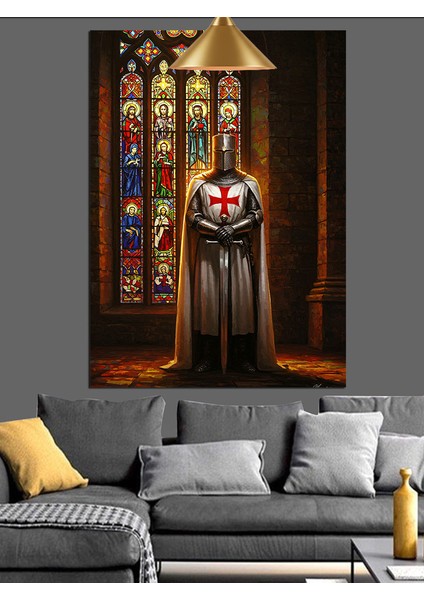 Gotik Kilise Pencereleri ve Haçlı Şövalye Dekoratif Kanvas - Mdf Ahşap Tablo fırsatları