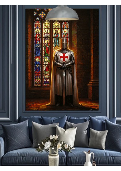 Gotik Kilise Pencereleri ve Haçlı Şövalye Dekoratif Kanvas - Mdf Ahşap Tablo indirimleri