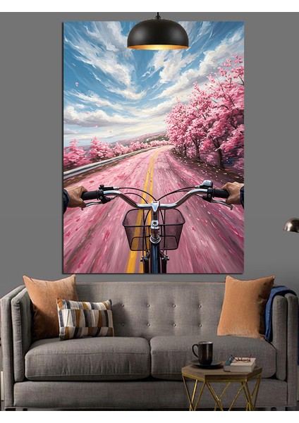 Pembe Kiraz Çiçekleri Bisiklet Sürüşü Dekoratif Kanvas - Mdf Ahşap Tablo fiyatları