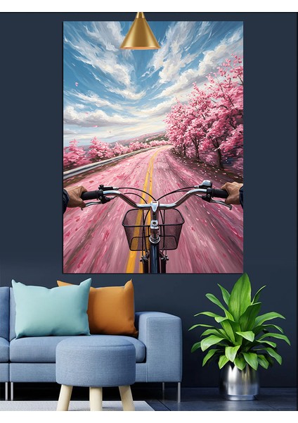 Pembe Kiraz Çiçekleri Bisiklet Sürüşü Dekoratif Kanvas - Mdf Ahşap Tablo modelleri