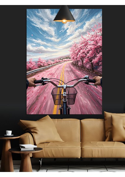 Pembe Kiraz Çiçekleri Bisiklet Sürüşü Dekoratif Kanvas - Mdf Ahşap Tablo fırsatları