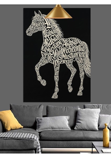 Noktalı Desenli Beyaz At Figürü Siyah Fon Dekoratif Kanvas - Mdf Ahşap Tablo
