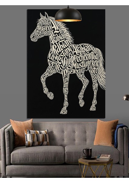 Noktalı Desenli Beyaz At Figürü Siyah Fon Dekoratif Kanvas - Mdf Ahşap Tablo modelleri