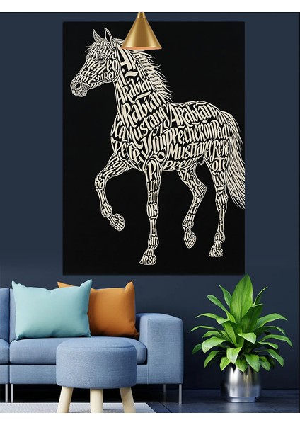 Noktalı Desenli Beyaz At Figürü Siyah Fon Dekoratif Kanvas - Mdf Ahşap Tablo fırsatları