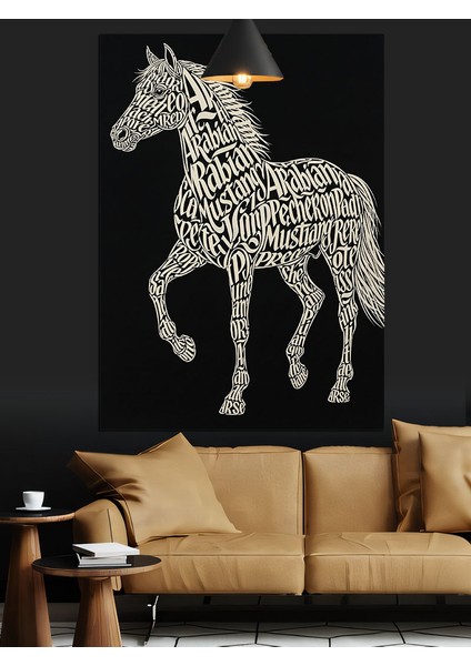 Noktalı Desenli Beyaz At Figürü Siyah Fon Dekoratif Kanvas - Mdf Ahşap Tablo indirimleri