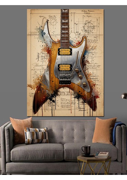 Kızgın Grunge Gitar Tasarım Dekoratif Kanvas - Mdf Ahşap Tablo