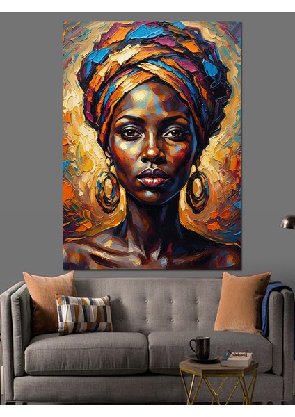 Afrika Kadını Renkli Türban Dekoratif Kanvas - Mdf Ahşap Tablo