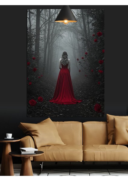 Kırmızı Elbiseli Kadın Orman Dekoratif Kanvas - Mdf Ahşap Tablo
