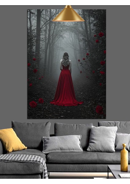 Kırmızı Elbiseli Kadın Orman Dekoratif Kanvas - Mdf Ahşap Tablo fiyatları