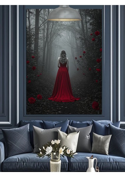 Kırmızı Elbiseli Kadın Orman Dekoratif Kanvas - Mdf Ahşap Tablo modelleri
