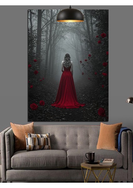 Kırmızı Elbiseli Kadın Orman Dekoratif Kanvas - Mdf Ahşap Tablo fırsatları