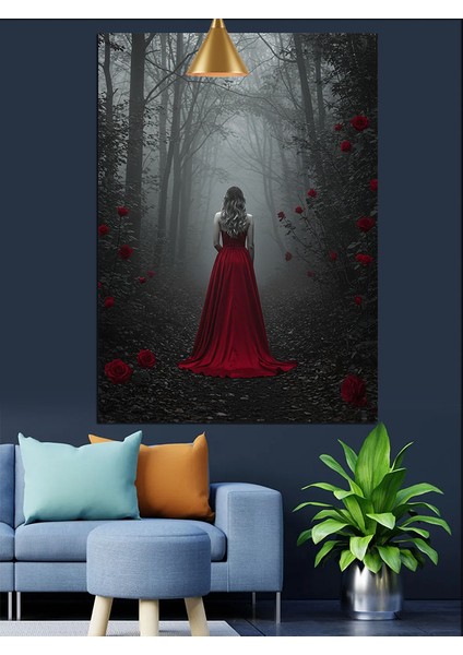 Kırmızı Elbiseli Kadın Orman Dekoratif Kanvas - Mdf Ahşap Tablo indirimleri