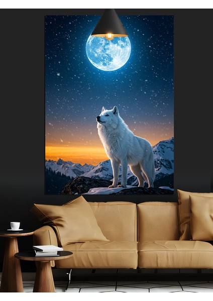 Mavi Gecede Dolunay ve Kurt Manzarası Dekoratif Kanvas - Mdf Ahşap Tablo