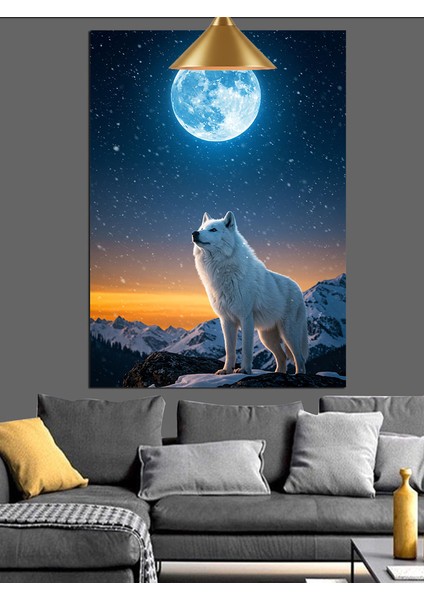 Mavi Gecede Dolunay ve Kurt Manzarası Dekoratif Kanvas - Mdf Ahşap Tablo fiyatları
