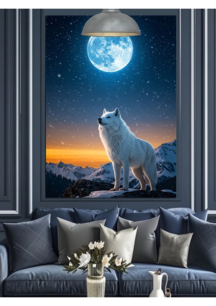 Mavi Gecede Dolunay ve Kurt Manzarası Dekoratif Kanvas - Mdf Ahşap Tablo modelleri