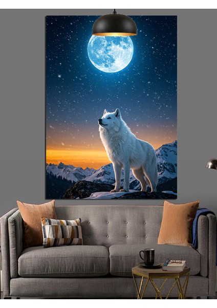Mavi Gecede Dolunay ve Kurt Manzarası Dekoratif Kanvas - Mdf Ahşap Tablo fırsatları