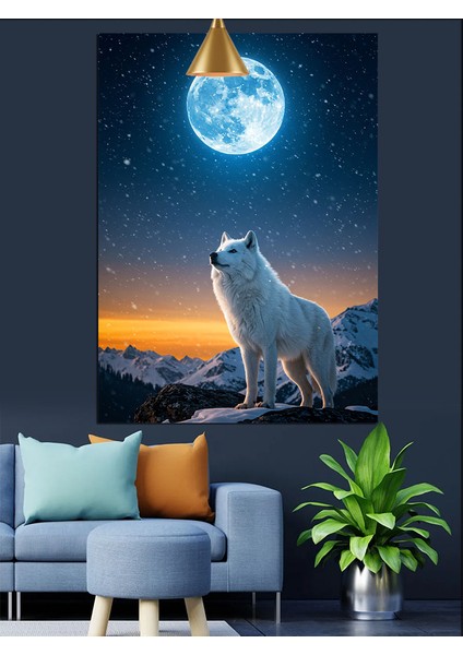 Mavi Gecede Dolunay ve Kurt Manzarası Dekoratif Kanvas - Mdf Ahşap Tablo indirimleri