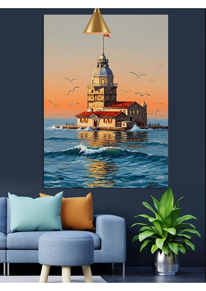 Kız Kulesi Deniz Günbatımı Dekoratif Kanvas - Mdf Ahşap Tablo