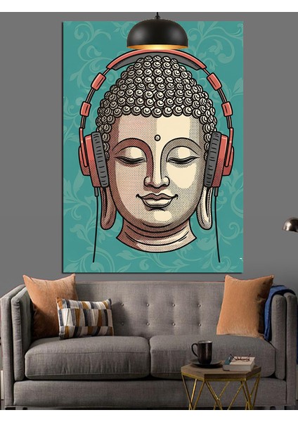 Buda Figürü Kulaklık Takmış Dekoratif Kanvas - Mdf Ahşap Tablo