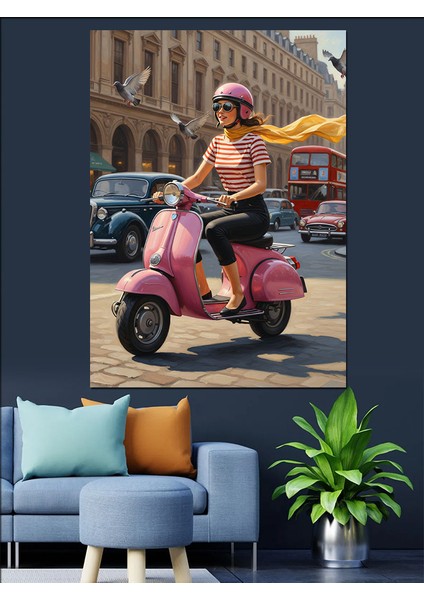 Pembe Scooter Şehir Sürüşü Dekoratif Kanvas - Mdf Ahşap Tablo