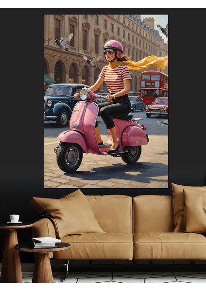 Pembe Scooter Şehir Sürüşü Dekoratif Kanvas - Mdf Ahşap Tablo fiyatları