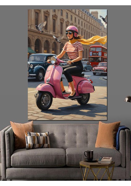 Pembe Scooter Şehir Sürüşü Dekoratif Kanvas - Mdf Ahşap Tablo modelleri
