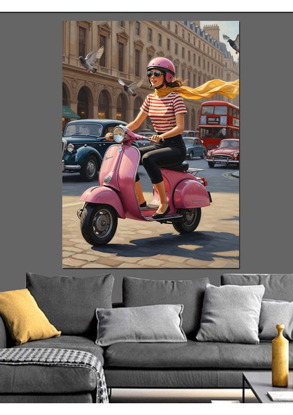 Pembe Scooter Şehir Sürüşü Dekoratif Kanvas - Mdf Ahşap Tablo fırsatları