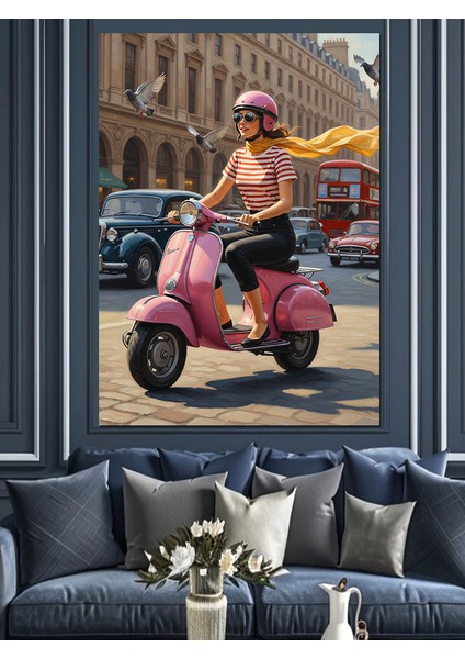 Pembe Scooter Şehir Sürüşü Dekoratif Kanvas - Mdf Ahşap Tablo indirimleri