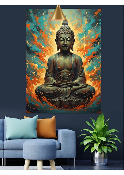 Oturmuş Budha Huzur Figürü Alevli Koyu Fon Dekoratif Kanvas - Mdf Ahşap Tablo