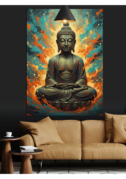 Oturmuş Budha Huzur Figürü Alevli Koyu Fon Dekoratif Kanvas - Mdf Ahşap Tablo fiyatları