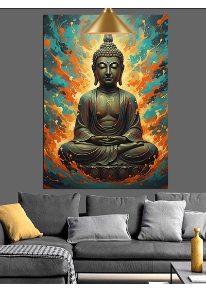 Oturmuş Budha Huzur Figürü Alevli Koyu Fon Dekoratif Kanvas - Mdf Ahşap Tablo modelleri